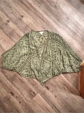 Olive Green Crochet-Trim Open Front Women's Sweater